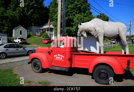 Tierskulptur auf einem alten LKW schmückte den Parkplatz Von Big Moose Deli & Country Store.Hoosick.New York.USA Stockfoto