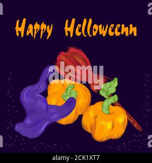 Happy Halloween Grußkarte mit Hexenhut, Besen und Kürbissen, Vektor. Stock Vektor