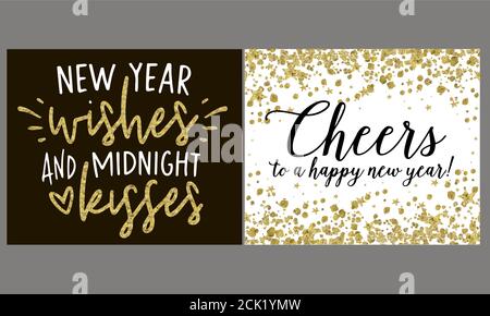 Weihnachts- und Neujahrsschilder Set Weißgold Farbe auf schwarzem Hintergrund für Grußkarten, Geschenkanhänger, Embleme, Neujahrsfeier, Produktpromoti Stock Vektor