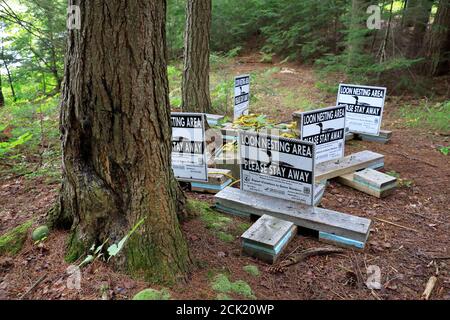 Geschütztes Seetaucher-Nistgebiet mit Warnschildern im Wald Von Lowell Lake State Park.Londonderry.Vermont.USA Stockfoto