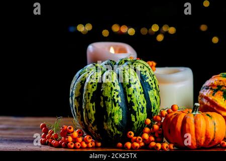 Vielfalt an Kürbissen, Vogelbeeren und Kerzen auf rustikalem Holztisch und schwarzem Hintergrund mit Bokeh. Herbst symbolische Gemüse in grün, gelb und Stockfoto