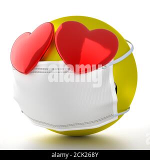 Emoticon mit Herzen trägt Gesichtsmaske - 3D-Illustration Stockfoto