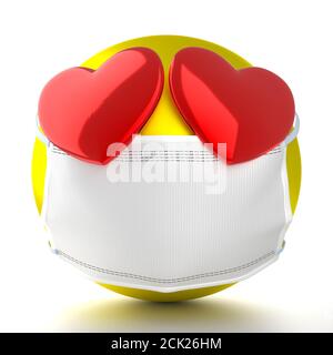 Emoticon mit Herzen trägt Gesichtsmaske - 3D-Illustration Stockfoto