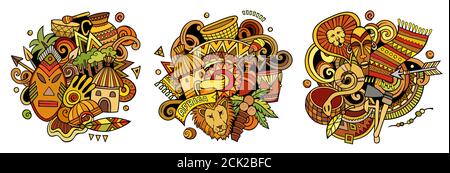 Afrika Cartoon Vektor Doodle Designs Set. Stock Vektor