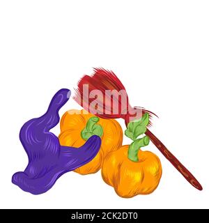 Halloween-Kartenvorlage mit Hexenhut, Besen und Kürbissen, Vektor-Illustration. Stock Vektor