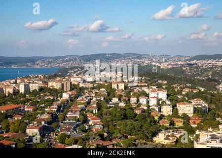 Hochwinkel-Luftaufnahme von Häusern in der Etiler Region Besiktas Bezirk und Bosporus im Hintergrund, Istanbul, Türkei. Stockfoto