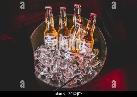 Buenos Aires, Argentinien; 14. Januar 2018: Fünf Flaschen Corona-Bier in einer Schüssel mit Eis Stockfoto