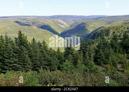 Mackenzie River Valley auf dem Cabot Trail Cape Breton Nova Scotia, Stockfoto