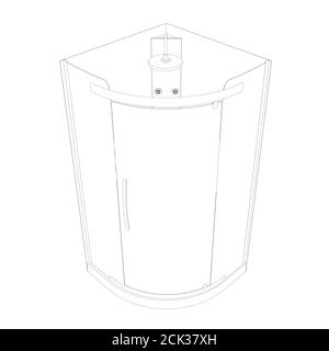 Duschkabinenkontur aus schwarzen Linien isoliert auf weißem Hintergrund. Isometrische Ansicht. 3D. Vektorgrafik Stock Vektor