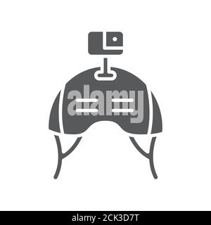 Helm für Fallschirmspringen, und für Radfahren mit Action-Kamera schwarz Glyph-Symbol. Fotografie und Videoüberwachung Konzept. Kopfschutz für extreme Stock Vektor