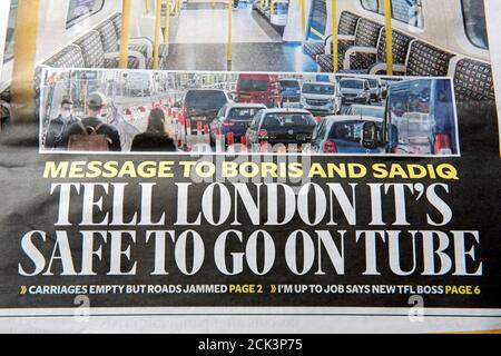 Evening Standard Headline - Nachricht an Boris und Sadiq -Tell London it's Safe to go on the Tube. Mittwoch, 2. September. In Bezug auf Coronavirus. Nur für redaktionelle Zwecke Stockfoto