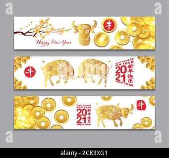 Horizontaler Bannersatz mit handgezeichneter. Jahr des Ochsen 2021 (Chinesische Übersetzung Happy Chinese New Year, Jahr des Ochsen) Stock Vektor