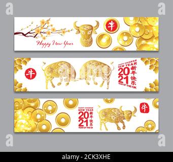 Horizontaler Bannersatz mit handgezeichneter. Jahr des Ochsen 2021 (Chinesische Übersetzung Happy Chinese New Year, Jahr des Ochsen) Stock Vektor