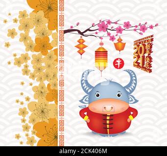 Chinesisches Neujahr 2021 Mit Bluten Tapeten Jahr Des Ochsen Chinesische Ubersetzung Happy Chinese New Year Jahr Des Ochsen Stock Vektorgrafik Alamy