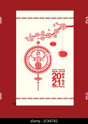 Bannerskizze Ox. Symbol chinesisch glückliches neues Jahr 2021 (Chinesische Übersetzung Happy Chinese New Year, Year of Ox) Stock Vektor
