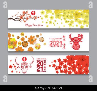 Horizontaler Bannersatz mit handgezeichneter. Jahr des Ochsen 2021 (Chinesische Übersetzung Happy Chinese New Year, Jahr des Ochsen) Stock Vektor