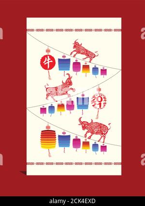 Chinesisches Neujahr 2021. Jahr des Ochsen (Chinesische Übersetzung Happy Chinese New Year, Jahr des Ochsen) Stock Vektor
