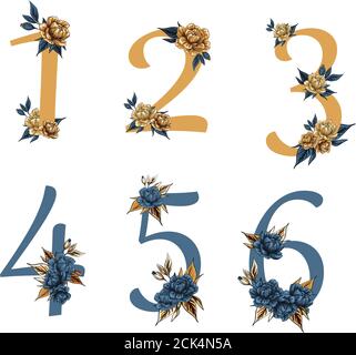 Blume reich verzierten Zahlen. Elegante Blütenzahl, Blumenmuster Datum und numerisches Monogramm. Blatt filigrane ornamentale Zahlen Charakter. Vektordarstellung Stock Vektor