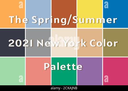 Set von 15 modischen Farben der Fashion Week. Text The Spring Summer 2021 New York Colour Palette. Stockfoto