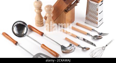 Andere Küchenutensilien im weißen Hintergrund Stockfoto