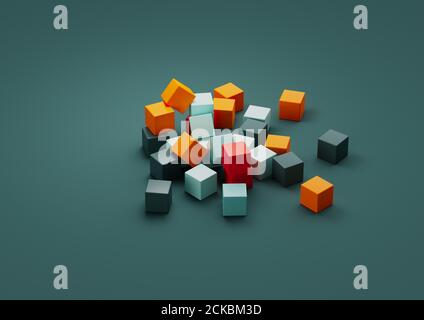 Abstraktes 3d-Rendern, Komposition, mit Orange, Rot, gree und hellblauen Farben. Geometrische Formen. Stockfoto