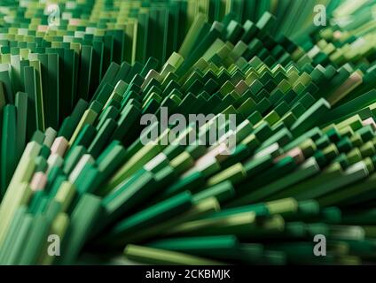 3D-Rendering oder Illustration, Wavy Random Holzstäbchen, grüne Palette. Grafischer Hintergrund. Realistisch. Stockfoto