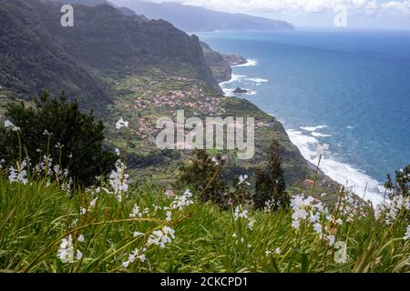 Arco De São Jorge auf Nordküste Madeiras gesehen vom Miradouro Beira da Quinta, Madeira, Portugal. Stockfoto