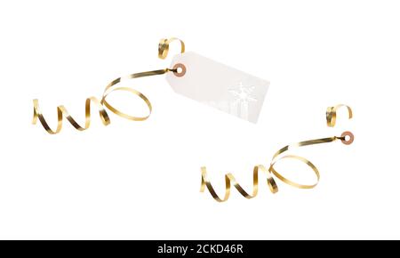 Geschenkanhänger und Etikettenvorlage mit Goldband angebracht, um Geschenke, Weihnachten oder Geburtstagsgeschenke isoliert auf weißem Hintergrund hinzuzufügen. Stockfoto