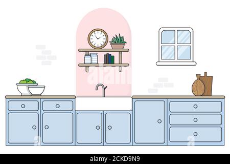 Flache Küche mit gemaltem Bogen, 2020 - 2021 trendy Innenarchitektur. Himmelblau bemalte Einheiten, Butler Waschbecken, Regale mit Uhr, Pflanze, bo Stockfoto