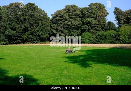 Zwei ältere Leute sitzen auf Sitzen im Feld, Selbstisolierung während des Lockdown, norfolk, england Stockfoto