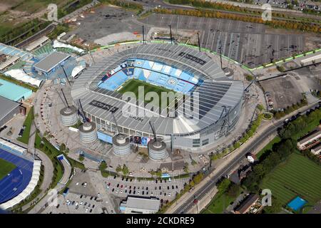 Luftaufnahme des Etihad Stadium (oder City of Manchester Stadium), dem Heimstadion von Manchester City Stockfoto