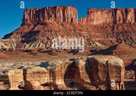 Steer Mesa von der White Rim Road Area in der Nähe von Candlestick Camp, Island in the Sky, Canyonlands National Park, Utah, USA Stockfoto