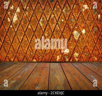 Hintergrund mit farbigen leer schmutzig rostig grunge Metallwand und Holzboden unten mit Platz zum Kopieren Ihres Textes Stockfoto