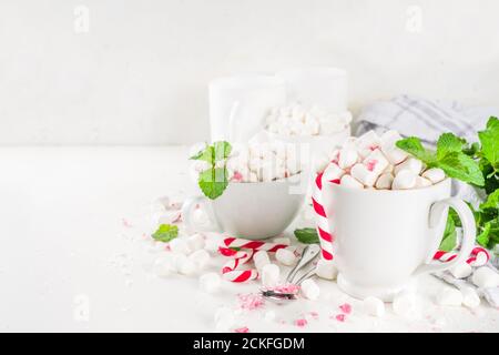 Hausgemachte Pfefferminze Heiße Schokolade. Zwei Tassen heißer Kakao, mit Minze, Marshmallow und Zuckerrohr, auf weißem Tischhintergrund Stockfoto