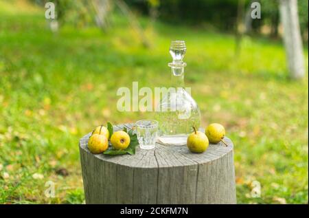 Flasche und Glas Birne rakia genannt 'Viljamovka' auf dem Land Umgebung Stockfoto