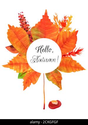 Hallo, Herbst Aquarell Rahmen mit einem Kastanienblatt Komposition in Herbstfarben, auf weißem Hintergrund Stockfoto