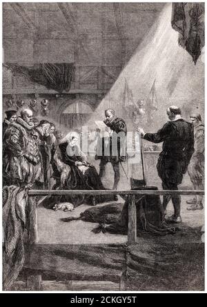 Hinrichtung von Mary Queen of Scots (1542-1587), am 8. Februar 1587 in der Großen Halle von Fotheringhay Castle, Northamptonshire, England, Stich von William Luson Thomas nach Sir John Gilbert, 1861 Stockfoto
