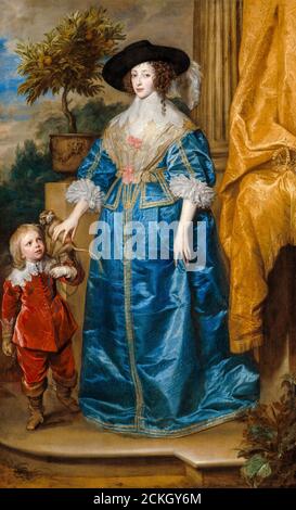 Henrietta Maria (1609-1669), Königin von England Schottland und Irland mit Sir Jeffrey Hudson (1619-um 1682), Hofzwerg, Porträtmalerei von Anthony van Dyck, 1633 Stockfoto