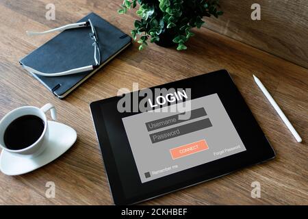 Zugriffsfenster. Geben Sie Login und Passwort ein. Cyberschutz. Datenschutz. Internet und Technologie Konzept Stockfoto