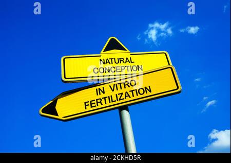 Natürliche Empfängnis vs in-vitro-Fertilisation - Verkehrszeichen mit zwei Optionen - assistierte Fortpflanzungstechnologie zur Behandlung von Unfruchtbarkeit. Medizin Stockfoto