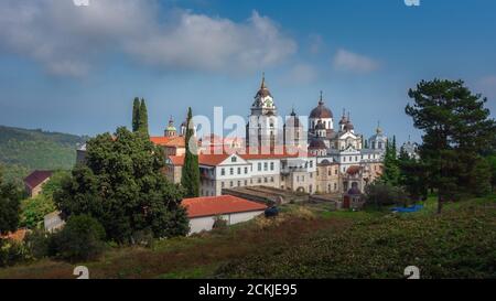 Malerische Landschaft von St. Andrews Skete, orthodoxe Kirche auf dem Berg Athos, Mazedonien, Griechenland Stockfoto