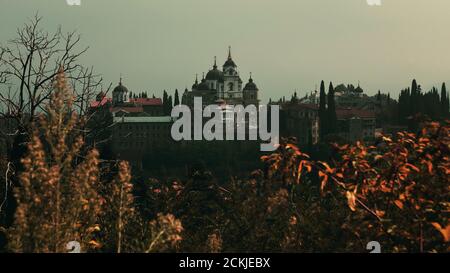 Malerische Landschaft von St. Andrews Skete, orthodoxe Kirche auf dem Berg Athos, Mazedonien, Griechenland Stockfoto