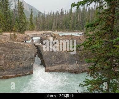 Yoho National Park, British Columbia, Kanada – 13. September 2020: Eine Frau fotografiert einen Mann, während er auf der Naturbrücke über den Kicki steht Stockfoto