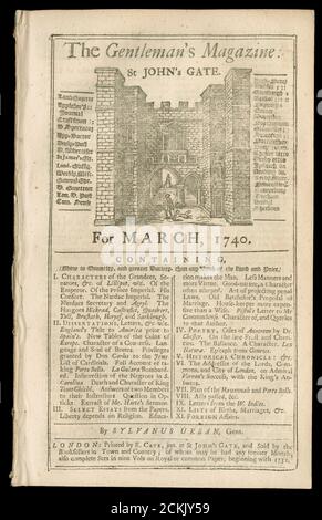 The Gentleman’s Magazine vom März 1740. Das Gentleman's Magazine war ein monatliches Magazin, das im Januar 1731 von Edward Cave in London, England, gegründet wurde. Es lief ununterbrochen für fast 200 Jahre, bis 1922. QUELLE: ORIGINALMAGAZIN aus gebundenem Volumen entfernt. Stockfoto