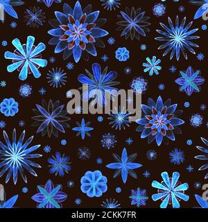 Nahtloses Aquarell romantische Mandala abstrakte Blumen blau lila Blumenmuster auf braunem Hintergrund. Helle Aquarelldarstellung. Text im Boho-Stil Stockfoto