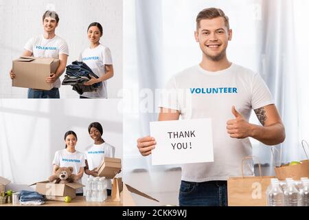 Collage von multiethnischen Freiwilligen mit Paketen und Karte mit Dankeschön Sie Schriftzug in Charity Center Stockfoto