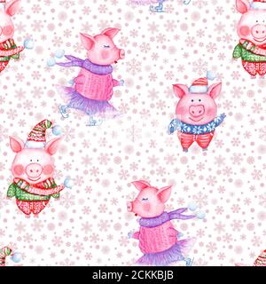 2019 Frohes neues Jahr und Weihnachten nahtlose Musterillustration mit Aquarell handgezeichnete lustige Schweine in gestrickter Kleidung auf Weiß Hintergrund mit Schnee Stockfoto