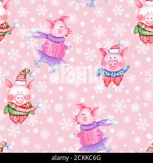 2019 Frohes neues Jahr und Weihnachten nahtlose Musterillustration mit Aquarell handgezeichnete lustige Schweine in Strickkleidung auf rosa Hintergrund mit Schneef Stockfoto