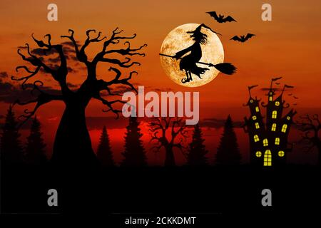 Halloween blutigen roten Sonnenuntergang horizontalen Hintergrund mit Vollmond, Silhouetten von schrecklichen toten Bäumen, Burg, Fledermäuse, lächelnd böse Hexe fliegen auf bro Stockfoto