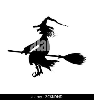 Halloween Hexe. Silhouette von lächelnden böse Hexe fliegen auf Broomstick mit Hut mit einer Warze auf der Nase isoliert auf weißem Hintergrund. Symbol illustrat Stockfoto